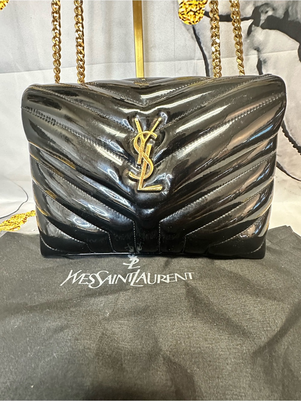 Saint Laurent Black Patent Chevron Quilted Shoulder Bag Gold Hardware medium